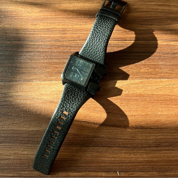 Diesel Watch Men Chronograph 50mm DZ-4226 Black Wide Leather Band New Battery - Picture 4 of 13